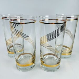 Set of 4 VTG Culver Highball Glasses 22K Gold Stripe Swirl Tumblers MCM Barware